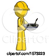 Yellow Construction Worker Contractor Man Holding Noodles Offering To Viewer