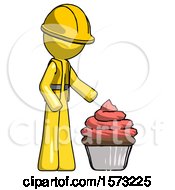 Poster, Art Print Of Yellow Construction Worker Contractor Man With Giant Cupcake Dessert
