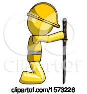 Poster, Art Print Of Yellow Construction Worker Contractor Man Kneeling With Ninja Sword Katana Showing Respect