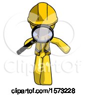 Yellow Construction Worker Contractor Man Looking Down Through Magnifying Glass