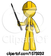 Poster, Art Print Of Yellow Construction Worker Contractor Man Standing Up With Ninja Sword Katana