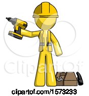 Poster, Art Print Of Yellow Construction Worker Contractor Man Holding Drill Ready To Work Toolchest And Tools To Right