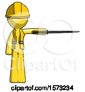 Poster, Art Print Of Yellow Construction Worker Contractor Man Standing With Ninja Sword Katana Pointing Right