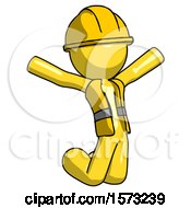 Yellow Construction Worker Contractor Man Jumping Or Kneeling With Gladness