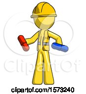 Poster, Art Print Of Yellow Construction Worker Contractor Man Red Pill Or Blue Pill Concept