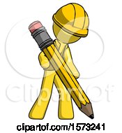 Poster, Art Print Of Yellow Construction Worker Contractor Man Writing With Large Pencil