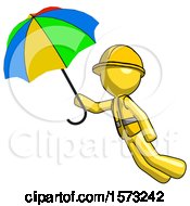 Poster, Art Print Of Yellow Construction Worker Contractor Man Flying With Rainbow Colored Umbrella