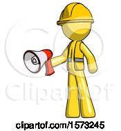 Poster, Art Print Of Yellow Construction Worker Contractor Man Holding Megaphone Bullhorn Facing Right