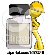 Poster, Art Print Of Yellow Construction Worker Contractor Man Leaning Against Large Medicine Bottle