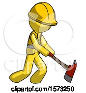 Poster, Art Print Of Yellow Construction Worker Contractor Man Striking With A Red Firefighters Ax