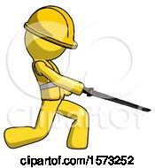 Poster, Art Print Of Yellow Construction Worker Contractor Man With Ninja Sword Katana Slicing Or Striking Something