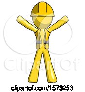 Poster, Art Print Of Yellow Construction Worker Contractor Man Surprise Pose Arms And Legs Out