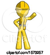 Poster, Art Print Of Yellow Construction Worker Contractor Man Waving Left Arm With Hand On Hip