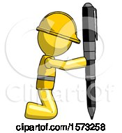 Poster, Art Print Of Yellow Construction Worker Contractor Man Posing With Giant Pen In Powerful Yet Awkward Manner