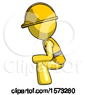Poster, Art Print Of Yellow Construction Worker Contractor Man Squatting Facing Left