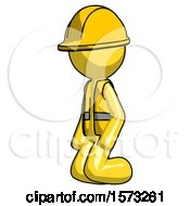 Poster, Art Print Of Yellow Construction Worker Contractor Man Kneeling Angle View Left
