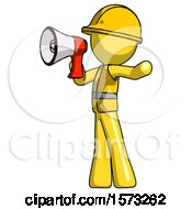 Poster, Art Print Of Yellow Construction Worker Contractor Man Shouting Into Megaphone Bullhorn Facing Left