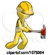 Poster, Art Print Of Yellow Construction Worker Contractor Man With Ax Hitting Striking Or Chopping