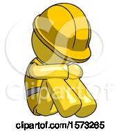 Poster, Art Print Of Yellow Construction Worker Contractor Man Sitting With Head Down Facing Angle Right
