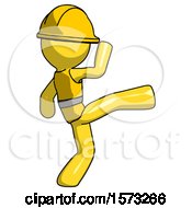 Poster, Art Print Of Yellow Construction Worker Contractor Man Kick Pose