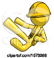 Poster, Art Print Of Yellow Construction Worker Contractor Man Flying Ninja Kick Left