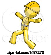 Poster, Art Print Of Yellow Construction Worker Contractor Man Running Away In Hysterical Panic Direction Left