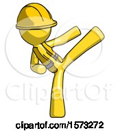 Poster, Art Print Of Yellow Construction Worker Contractor Man Ninja Kick Right