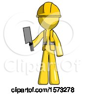 Poster, Art Print Of Yellow Construction Worker Contractor Man Holding Meat Cleaver