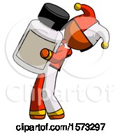 Orange Jester Joker Man Holding Large White Medicine Bottle
