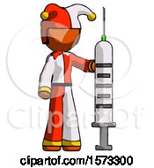 Orange Jester Joker Man Holding Large Syringe