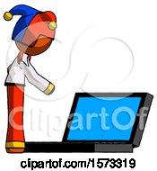 Poster, Art Print Of Orange Jester Joker Man Using Large Laptop Computer Side Orthographic View