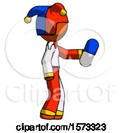 Orange Jester Joker Man Holding Blue Pill Walking To Right