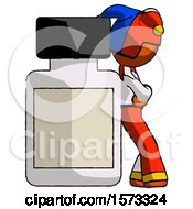 Poster, Art Print Of Orange Jester Joker Man Leaning Against Large Medicine Bottle