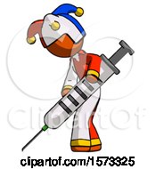 Poster, Art Print Of Orange Jester Joker Man Using Syringe Giving Injection