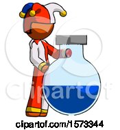 Poster, Art Print Of Orange Jester Joker Man Standing Beside Large Round Flask Or Beaker