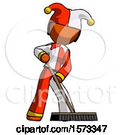 Orange Jester Joker Man Cleaning Services Janitor Sweeping Floor With Push Broom