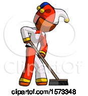 Poster, Art Print Of Orange Jester Joker Man Cleaning Services Janitor Sweeping Side View