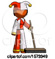 Orange Jester Joker Man Standing With Industrial Broom