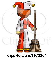 Poster, Art Print Of Orange Jester Joker Man Standing With Broom Cleaning Services