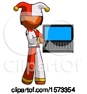 Poster, Art Print Of Orange Jester Joker Man Holding Laptop Computer Presenting Something On Screen