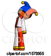 Poster, Art Print Of Orange Jester Joker Man Depressed With Head Down Back To Viewer Right