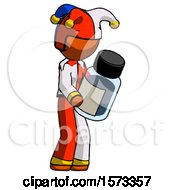 Orange Jester Joker Man Holding Glass Medicine Bottle