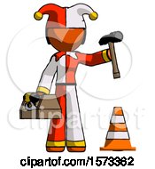 Poster, Art Print Of Orange Jester Joker Man Under Construction Concept Traffic Cone And Tools