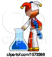 Poster, Art Print Of Orange Jester Joker Man Holding Test Tube Beside Beaker Or Flask