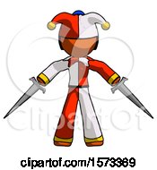 Poster, Art Print Of Orange Jester Joker Man Two Sword Defense Pose