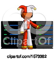 Poster, Art Print Of Orange Jester Joker Man With Server Racks In Front Of Two Networked Systems