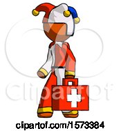Poster, Art Print Of Orange Jester Joker Man Walking With Medical Aid Briefcase To Left