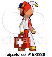 Poster, Art Print Of Orange Jester Joker Man Walking With Medical Aid Briefcase To Right