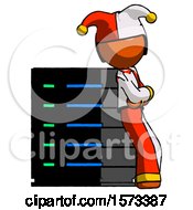 Poster, Art Print Of Orange Jester Joker Man Resting Against Server Rack Viewed At Angle