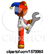Poster, Art Print Of Orange Jester Joker Man Using Wrench Adjusting Something To Right
